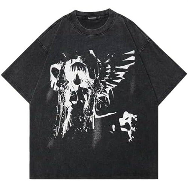 Harajuku Anime Fallen Angel Wings Washed T-Shirt Gothic Dark Manga Print Oversized Unisex Y2K Streetwear Short Sleeve Tee Hover Image