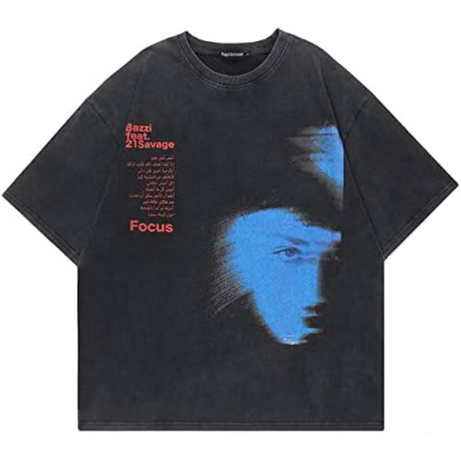 Blue Tone Rapper Portrait Blurry Vintage Washed T-Shirt Hip Hop Rap Text Print Y2K Grunge Oversized Unisex Streetwear Short Sleeve Tee Hover Image