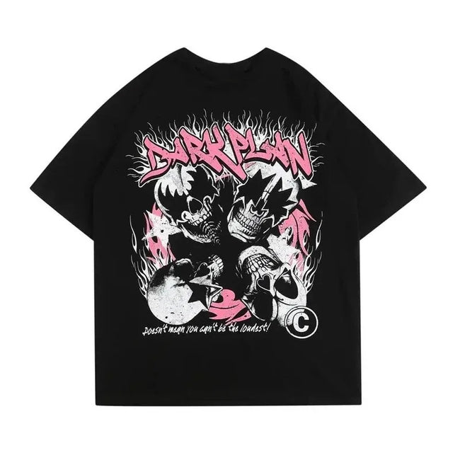 Dark Plan Multi Skulls Flame Back Print Washed Oversized Streetwear T-Shirt Hover Image